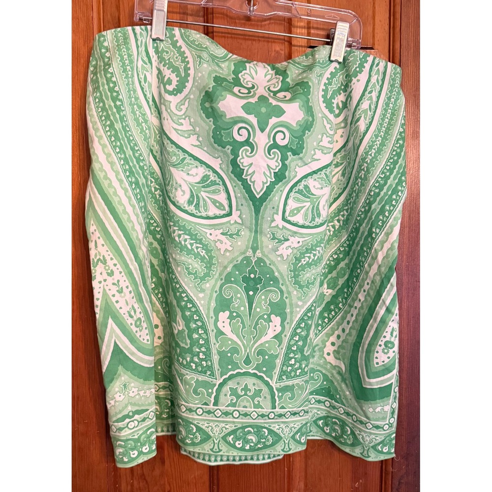 Linda Allard Ellen Tracy Green Paisley Cotton Pencil Skirt Size 14